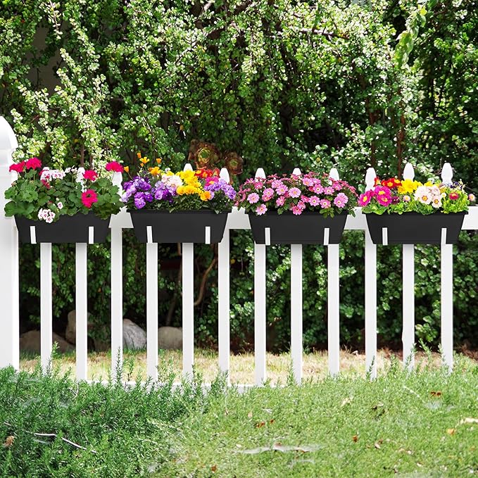 OYEAL Railing Planter Box Outdoor 4 Pack Hanging Balcony Planters 17 Inch Window Boxes Planter with Adjustable Brackets Plastic Flower Pots for Garden Deck Porch Railing Balcony Fence, Black & White