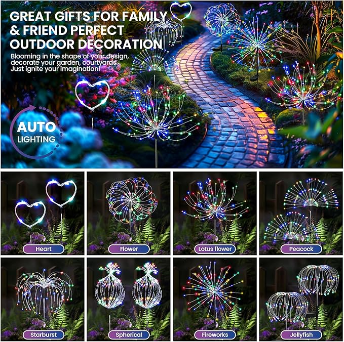 PEVOROS Garden Decor Solar Lights Outdoor,120LED Waterproof Colorful Solar Fairy Garden Lights for Outdoor Decoration,Yard, Patio, Porch,Flower Pot,Pathway, for 4th of July(8Pack)