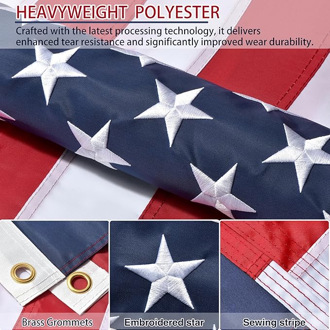American Flags for Outside 5x8 FT- Heavy Duty US Flag USA Flag with Embroidered Stars, Sewn Stripes & Brass Grommets, Weather-Resistant, 4th of July Decorations