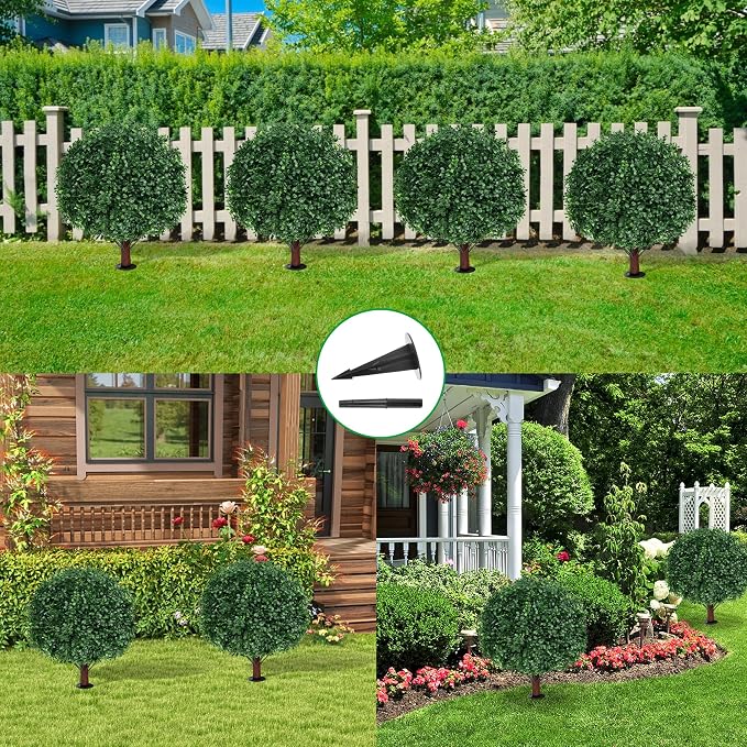 Grooy Artificial Boxwood Topiary Ball Tree with Ground Spike, Set of 4 Artificial Shrub Bushes, Fake Evergreen Tree for Porch, Artificial Plants for Outdoor Planters Indoor UV Resistant
