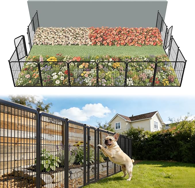 FXW Garden Fence Outdoor for the Yard – 24in(H) x 30.4ft(L) Heavy Duty Metal Animal Barrier for Dog, No Dig Decorative Dog Fence, 16 Panels, Black