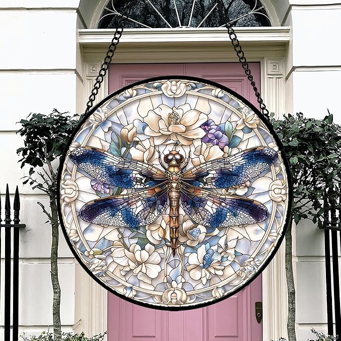 DASTOLL Stained Glass Window Hanging, Dragonfly Flower Suncatcher for Doors Home Sun Catchers Decoration and Christmas, Mother's Day Birthday Gifts for Women, Men, and Mom 14.9x14.9 in