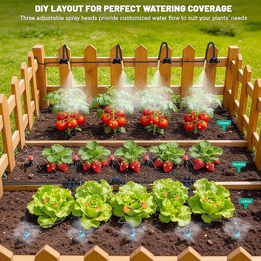 100FT Drip Irrigation Kit, Automatic Garden Watering System with Quick Connect PE Tubing, 2026 New Upgraded Water-Saving Design, 3 Adjustable Nozzles for Yard, Greenhouse, Lawn & Raised Bed