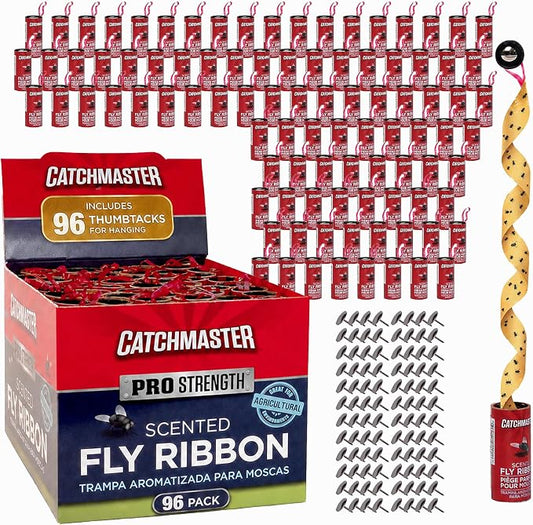Catchmaster Fly Ribbon 96-Pack, Bug & Fly Traps Outdoor and Indoor, Premium Adhesive Sticky Fly Strips & Gnat Hanging Strips, Bulk Flying Insect Paper Rolls, Pesticide-Free Home Pest Control