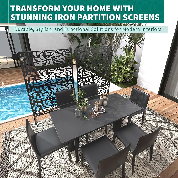 6FT Metal Privacy Screen Outdoor, Decorative Privacy Fence, Weather-Resistant Freestanding Panel with Stand, Durable Steel for Patio, Garden, Balcony, or Backyard, Flower