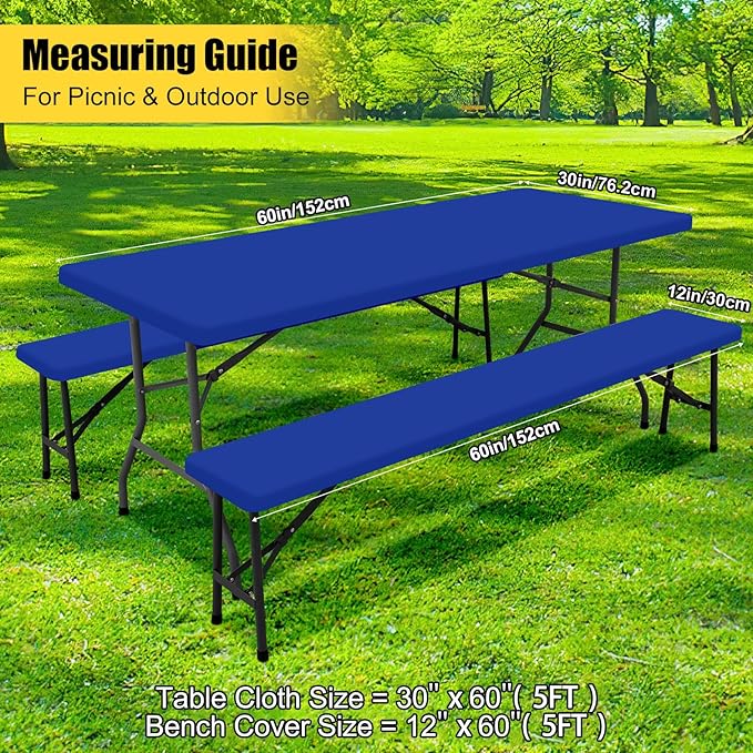Smiry Picnic Table Cover with Bench Covers, Waterproof Elastic Fitted Polyester Tablecloths for 5 Ft Rectangle Tables, Washable Windproof Tablecloth for Camping, RV & Outdoor (Blue, 30x60 Inches)