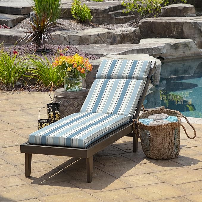 Arden Outdoor Chaise Lounge Cushion, 22 x 77, Rain-Proof, Fade Resistant French Blue Linen Stripe
