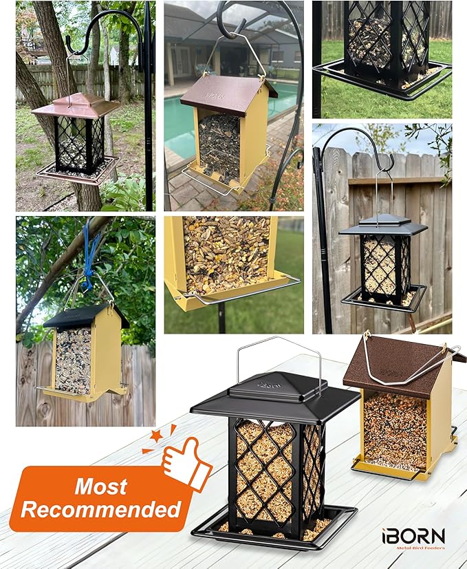 iBorn Bird Feeder House, Metal Bird Feeders for Outdoors Hanging,Double-Sided Metal Hanger & Weatherproof, Easy to Clean & Refill, 1.5 Lbs Capacity, Red
