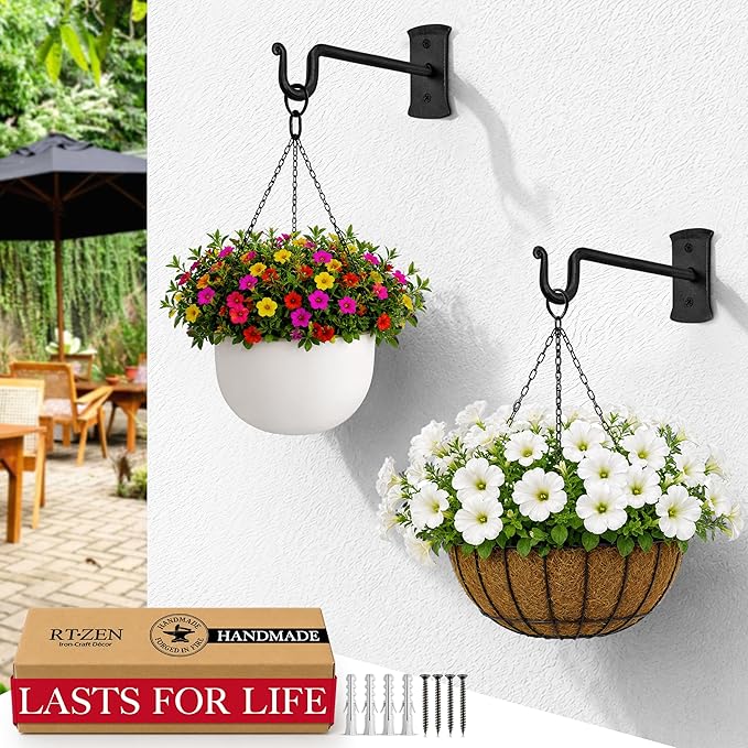 RTZEN Plant Hangers Outdoor or Indoor - Wrought Iron Metal Hanger Indoor Hook - Heavy Duty Wall Bracket Hooks for Hanging Plants Baskets Lanterns Bird Feeders - 2 Pack (Black Shepherds Hooks 7.5")