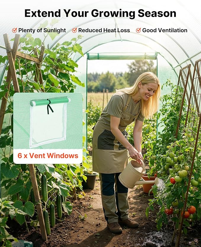 VEVOR Walk-in Tunnel Greenhouse, 10 x 7 x 7 ft Hoop House Greenhouse Tunnel with Watering System, Plant Hot House with Steel Frame, PE Cover, Roll-Up Zipper Door and 6 Windows for Outdoors, Green