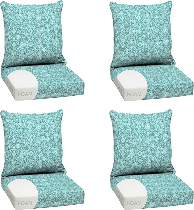 Arden Outdoor Foam Deep Seat Cushion Set (4-Pack), 24x24, Premium High-Density Foam, Never Flattens, Weather-Proof for Patio Chair Sofa Couch, Turquoise Daphne Medallion