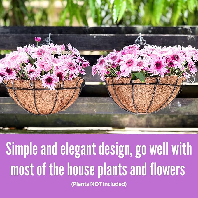 ShopLaLa Wall Hanging Planter for Outdoor Plants (12 Inch, 2 Pack) Wall Mounted Flower Baskets with Coco Liner for Outside Plant, Fence Railings Pots Holder Balcony Deck Porch Modern Garden Decor