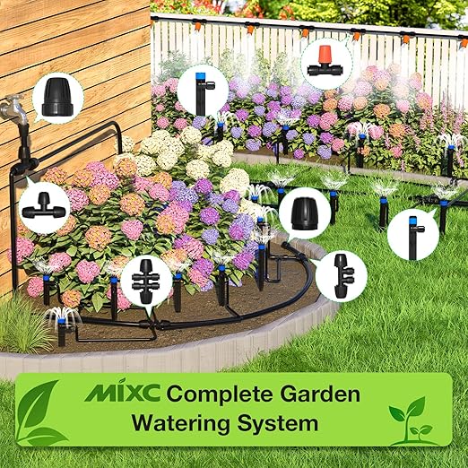 MIXC 300FT Drip Irrigation System Kit, Automatic Garden Misting Watering System with 100FT 1/2" & 200FT 1/4" Irrigation Tubing, Fitting, Adjustable Emitter for Greenhouse Lawn Raised Bed Potted Plant