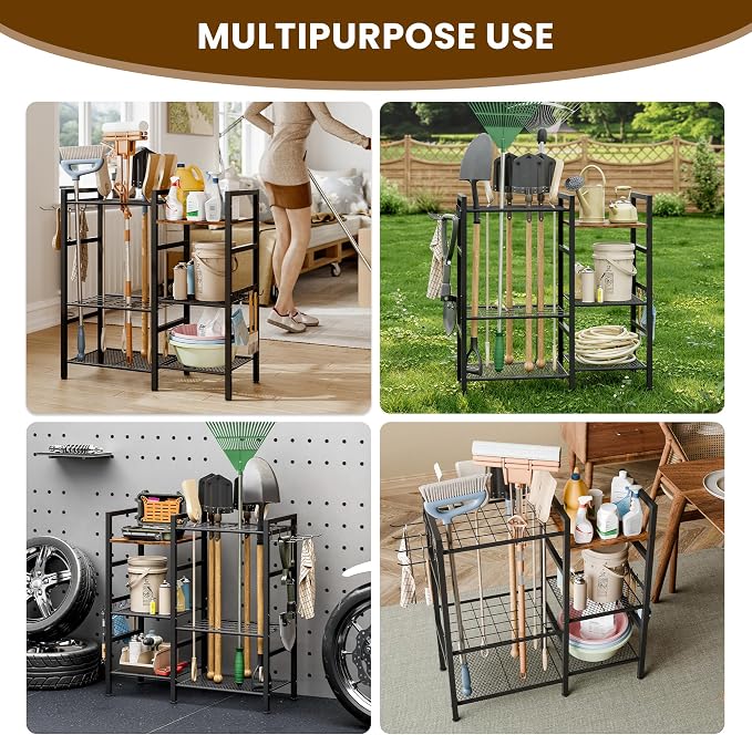 Garden Tool Organizer for Garage,3 Tier Garden Tools Rack with 8 Hooks,Up to 35 Long-Handled Tools/Rakes/Brooms, Heavy Duty Steel Garage Tool Stand for Shed, Outdoor, Black