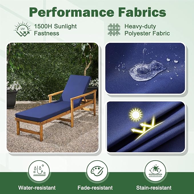 Chaise Lounge Cushions Outdoor, 72x 21x 3 Inch Waterproof & Fade-Resistant Lounge Chair Cushion, Outdoor Chaise Cushion with Removable Cover & Ties for Lawn, Patio, Pool & Beach, Navy Blue