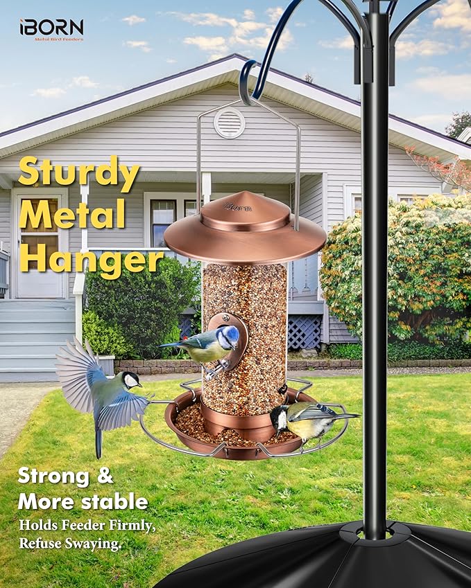 iBorn Bird Feeder Squirrel-Chew Proof Metal Hanging Birds Feeder Bird Feeders for Outdoors Hanging Outside for Cardinal, 3 Perches with 2 Feeding Ports, Brushed Copper (Seed is not Included)