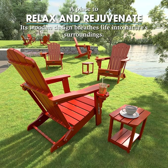 THOEOE Folding Adirondack Chair Set of 2, HDPE All-Weather Outdoor Chair with Cup Holder, Wooden Textured, Fire Pit Chair, Plastic Patio Chair for Deck, Backyard, Garden, Lawn, Red