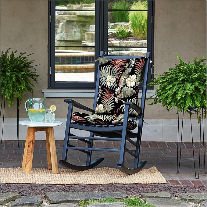 Arden Plush Indoor/Outdoor Rocking Chair Cushion Set, 18 x 20, Water Repellent, Fade Resistant, Tufted Cushion for Rocking Chairs Simone Black Tropical