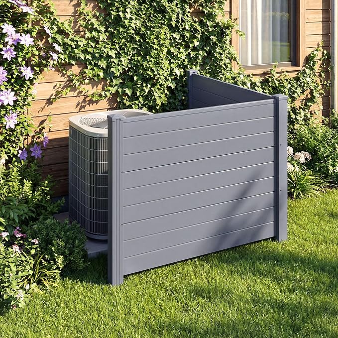 HAPPYGRILL Air Conditioner Fence, 2 Panels Outdoor Privacy Screens with Metal Stakes, No Dig Pool Equipment Enclosure, 48" x 38" Trash Can Screen Fence Kit for Outside Backyard, Gray