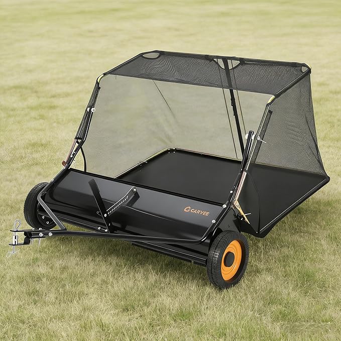 GarveeTech 44 Inch Lawn Sweeper Tow Behind, 26 cu. ft Large Hopper Grass Sweeper Tow Behind, Heavy Duty Leaf & Grass Collector, Adjustable Brush Height Lever and Dumping Rope, Pull Behind Sweeper Yard