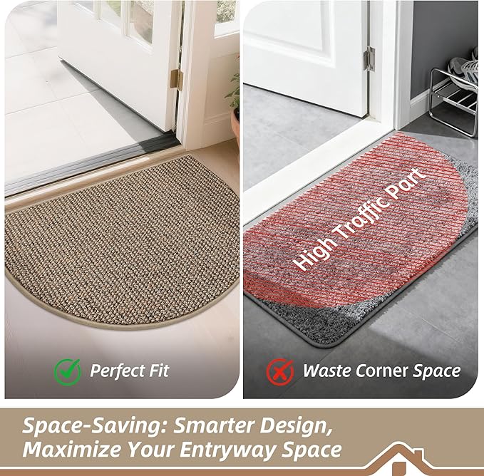 BEQHAUSE Dirt Trapper Door Mat 24" x 36" Half Circle Non-Slip Washable Doormats Entrance Rugs Absorbent Welcome Low Profile Floor Mats for Front Back Door and Entryway, Taupe