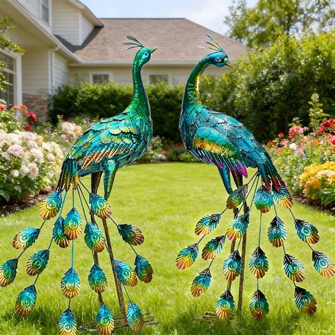Kircust Metal Peacock Staues for Outdoor Garden | Yard Art Sculptures, Weather-Resistant, Hand-Painted, 30.7"H, For Backyard, Patio, Porch