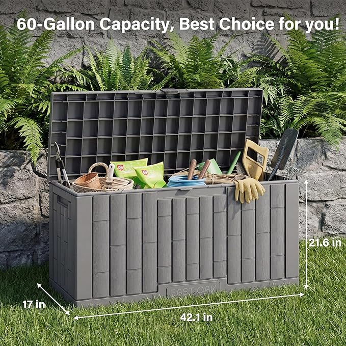 EAST OAK Outdoor Storage Box, 60 Gallon Deck Box Indoor and Outdoor Use, Waterproof Resin Storage Bin for Patio Cushions, Gardening Tools, Lockable, UV Resistant, Grey