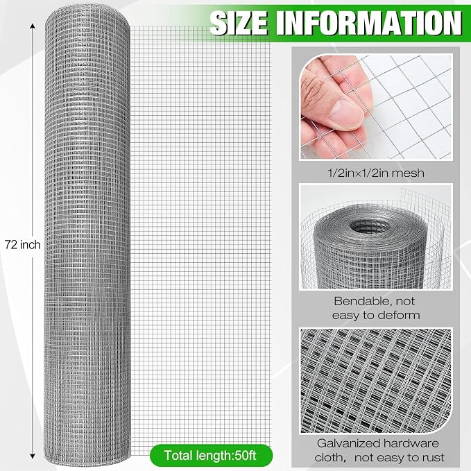 Tatuo Hardware Cloth 1/2 Inch 72in x 50ft Hot Dip Galvanized After Welded Cage Mesh Rolls 21 Gauge Metal Chicken Wire Roll Wire Fencing Poultry Netting for Raised Garden Rodent Animals