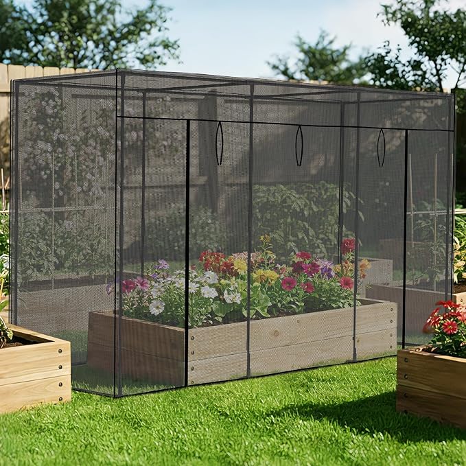 SUNYRISY Garden Plant Netting Crop Cage for Garden Raised Bed, 9.8 x 3.3 x 6 Ft Plant Cover Cage Protectors from Animal for Outdoor Plants with Frame and Zippered Door, Black