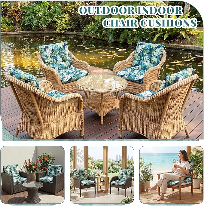 Marsui 4 Pcs Outdoor Indoor High Back Chair Cushions Patio Furniture Tufted Pillow with Ties Water-Resistant Replacement Outdoor Rocking Chair Cushions, 42 x 21 Inches (Green,Leaves)