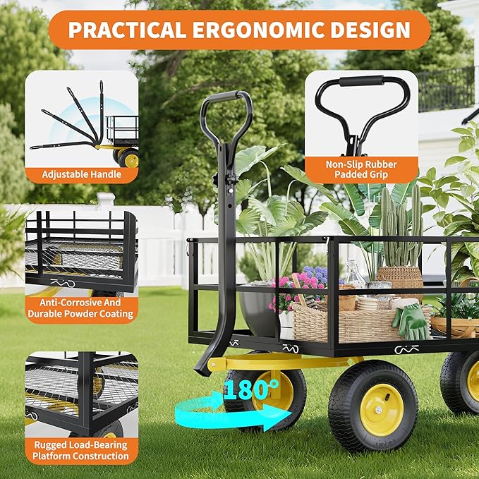 Heavy Duty Steel Garden Cart, 1200 Lbs Garden Wagon with 13" All Terrain Tires, 3-in-1 Metal Utility Wagon with Removable Mesh Side Panels and 180° Rotating Handle for Yard, Lawn and Garden
