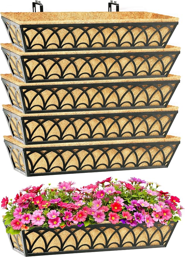 30 Inch Railing Planter Box Window Boxes Planters - 6 Pack Deck Railing Planter Boxes with Adjustable Brackets Coco Liners Balcony Planters Railing Hanging for Window Flower Boxes Outdoor Garden Decor