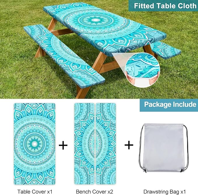 Play Tailor Picnic Table Cover with Bench Covers Camping Essentials Waterproof Windproof Camping Tablecloth with Drawstring Bag, Fitted Rectangle Tables and Seats, 72in, Ice Blue