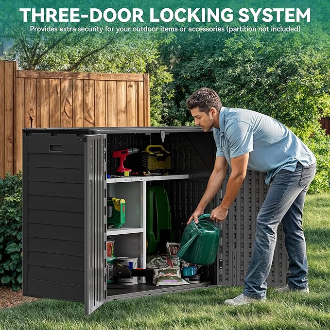 YITAHOME 30 Cu Ft Outdoor Storage Shed with Shelf, Waterproof Storage Cabinet for Bike & Garden Shed, Horizontal Outdoor Storage Shed for Garage, Pool Storage, Dark Gray & Black