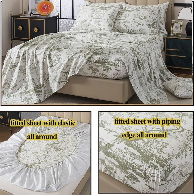 FADFAY Toile Sheets Set King Sage Green Toile de Jouy Bedding Pastoral Print French Country Bedding 100% Egyptian Cotton Farmhouse Sheets Breathable Soft 4Pcs Deep Pocket Sheet Set for All Seasons