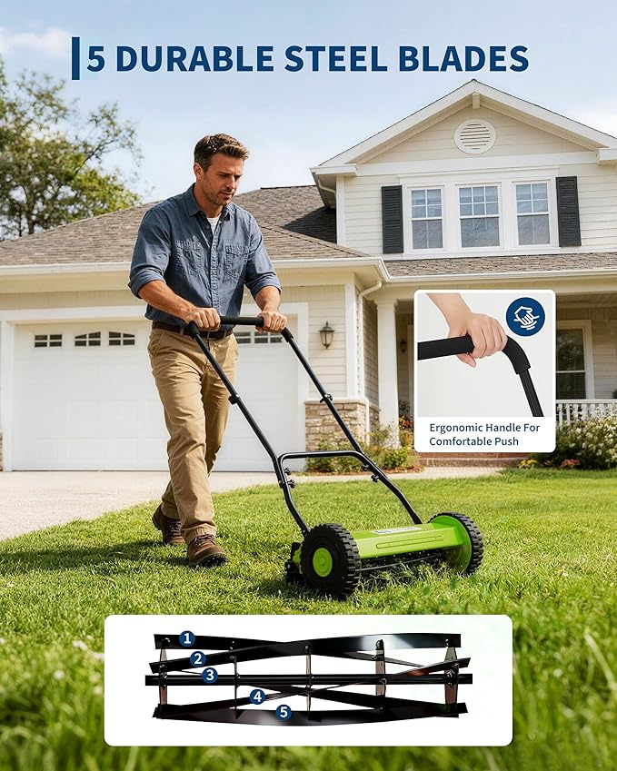16 Inch Manual Reel Lawn Mower, 5-Blade Push Reel Mower with Adjustable Cutting Height, Walk-Behind Compact Hand Push Mower for Small Yards, Quiet Cordless Mowing (Green) — No Grass Catcher Bag