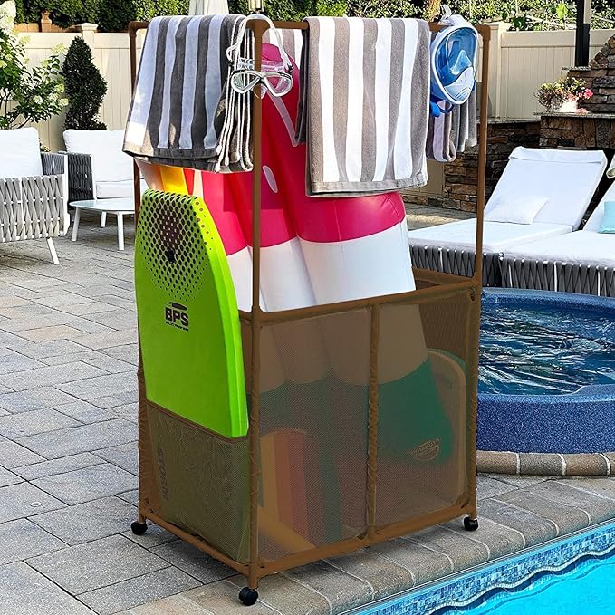 Pool Equipment Holder with Towel Drying Bars, Mesh Rolling Multi Use Storage Organizer Bin, Large Towel Hanger (25" L x 34.5" W x 62.6" H), Brown