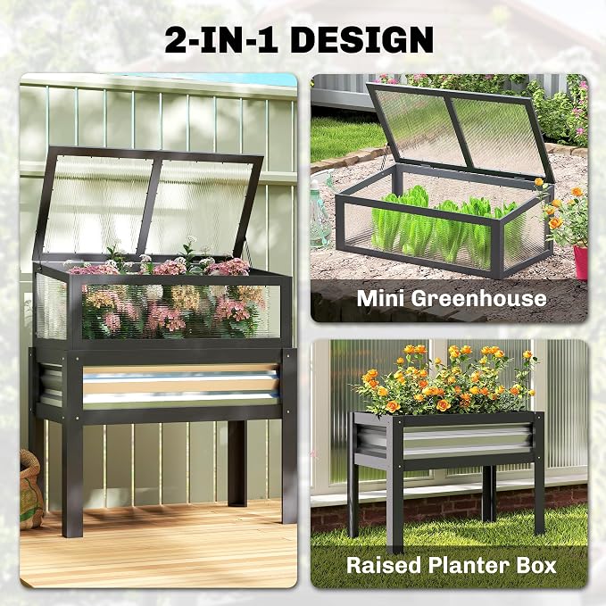Outsunny Wooden Raised Garden Bed with Flip-Up Greenhouse Top, Raised Garden Bed with Legs and Bed Liner, Elevated Planter Box for Flowers, Vegetables, Herbs, Gray