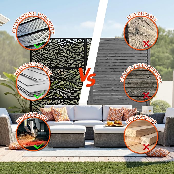 Privacy Screen Outdoor Metal Fence Panel, 72" H x 47" W Freestanding Decorative Privacy Fence for Patio, Deck, Balcony, Backyard, Garden with Stable Base