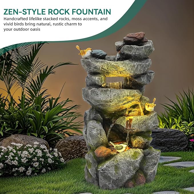 AUTODAYA 31.5" H Multi-Tier Rock Outdoor Water Fountain with LED Lights and Pump, Garden Fountain Waterfall for Patio, Porch, or Yard