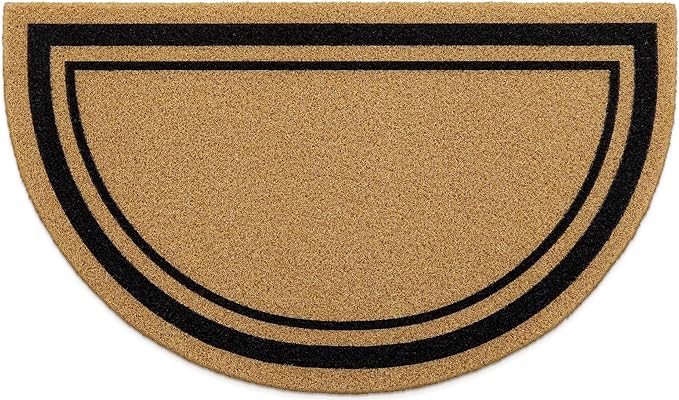 OLANLY Half Circle Front Door Mat, Low Profile Doormat, Stain and Fade Resistant, Easy to Clean, for Indoor and Outdoor Entrances, Patio Porch or Entryway, Brown (30x17 Inch, Classic Border)