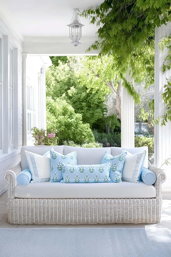Hofdeco Premium Coastal Grandmillennial Patio Indoor Outdoor Bolster Pillow Cover Only, 6"x20" Water Repellent for Backyard, Couch, Poolside, Baby Blue Green Print Flower