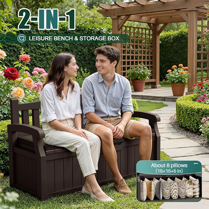 Devoko 80 Gallon Storage Bench with Cushion, Lockable Deck Box for Patio Furniture, Garden Decor and Outdoor Seating for Cushions, Garden Tools and Pool Supplies (Dark Brown, 80 Gallon with Cushion)
