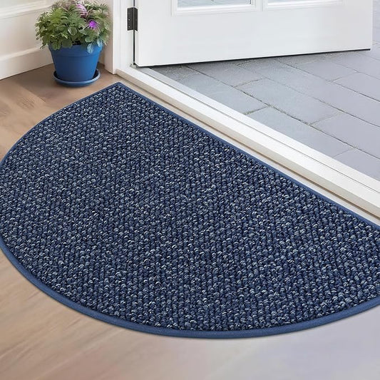BEQHAUSE Dirt Trapper Door Mat 17" x 30" Half Circle Non Slip Washable Doormats Entrance Rugs Absorbent Welcome Low Profile Floor Mats for Front Back Door and Entryway, Blue