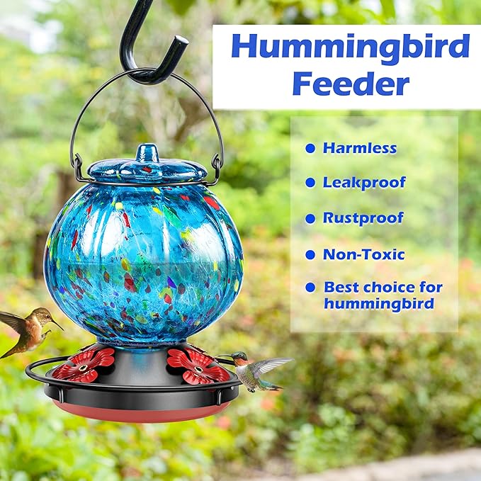 Hummingbird Feeder for Outdoors – Hand Blown Blue Glass Bird Feeder, Leakproof, Easy to Fill & Clean, 25 Ounces, Colorful Spotted Pumpkin Shape Decorative Hanging Gift for Her