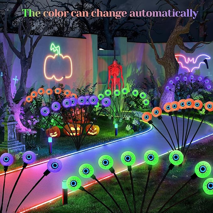 Fansafurn Solar Halloween Eyeball Lights Outdoor, 8 Color-Changing LED Eyes with Stakes, IP65 Waterproof Realistic Swinging Eyeballs, Solar Powered Halloween Decorations for Lawn, Garden, Yard, Porch