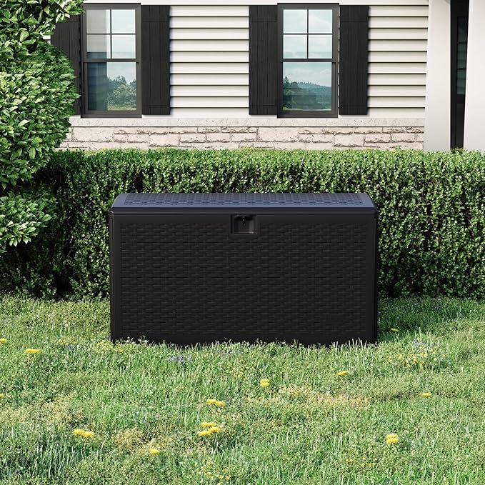120 Gallon Waterproof Resin Deck Box Large Lockable Storage Container with Hydraulic Rod for Patio Furniture Tools Pool Garden Outdoor Indoor Black 50"L x 26"W x 25"H