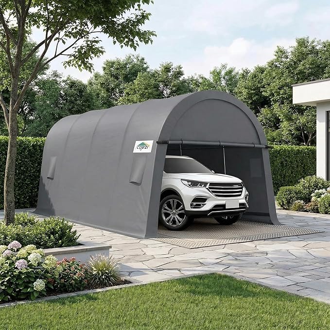 COBIZI Carports 10x20 Heavy Duty Car Canopy Garage with Removable Doors & Vents, Galvanized Frame Portable Carport Canopy Outdoor Storage Shelter with All-Season Tarp for Car Boat Truck, Gray