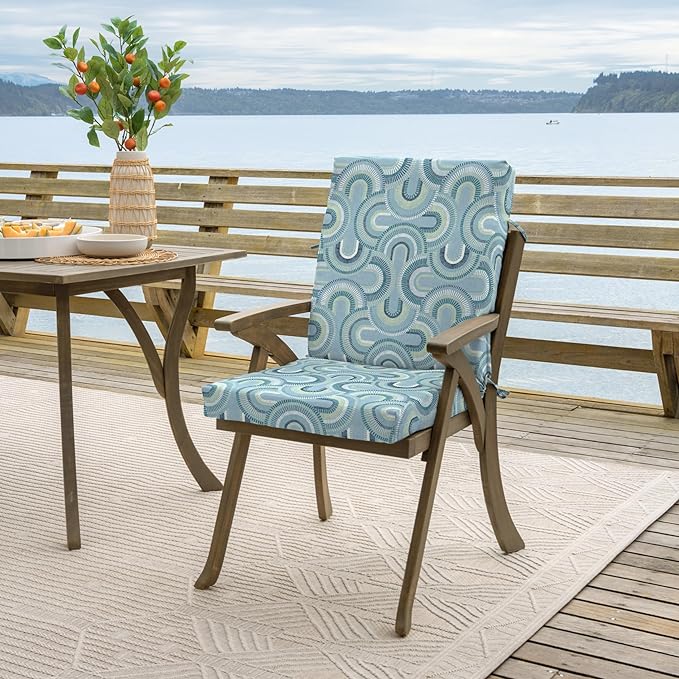 Arden 4-Pack Outdoor Patio Dining Chair Cushion, 20x44, Rain-Proof Seat Pad, Fade-Resistant Outdoor Cushion Coastal Blue Geometric