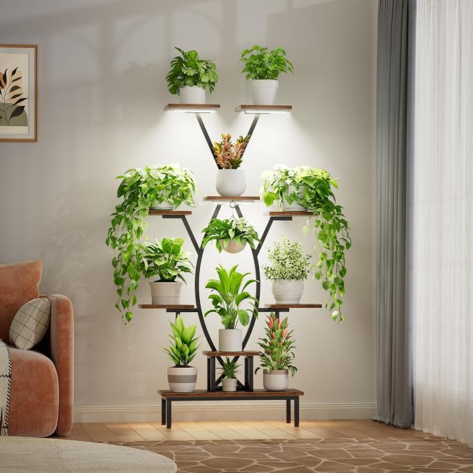 Plant Stand Indoor with Grow Lights - 9 Tiered Tall Plant Shelf, 63" Corner Plant Stands for Indoor Plants Multiple, X-Shaped Metal Flower Holder Large Decorative Rack for Living Room, Home Decor